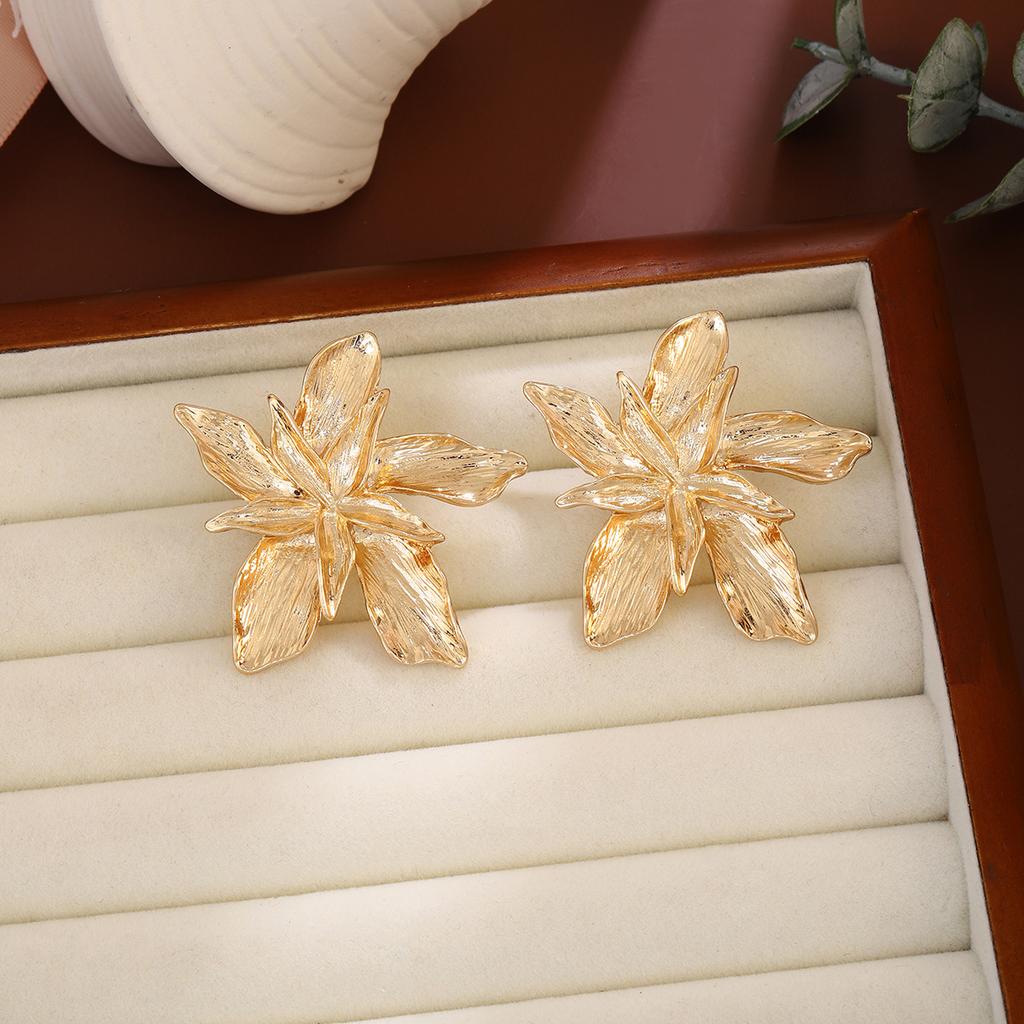 Creative Fashion Metal Wind Stud Earrings Hollow Three-Dimensional Heart-Shaped Geometric Petals Five-Pointed Star Simple Wind Earrings Women