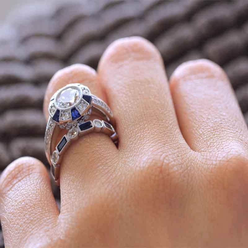 Stunning Geometry-inspired Silver Plated Blue Sapphire And Topaz Wedding Ring Set