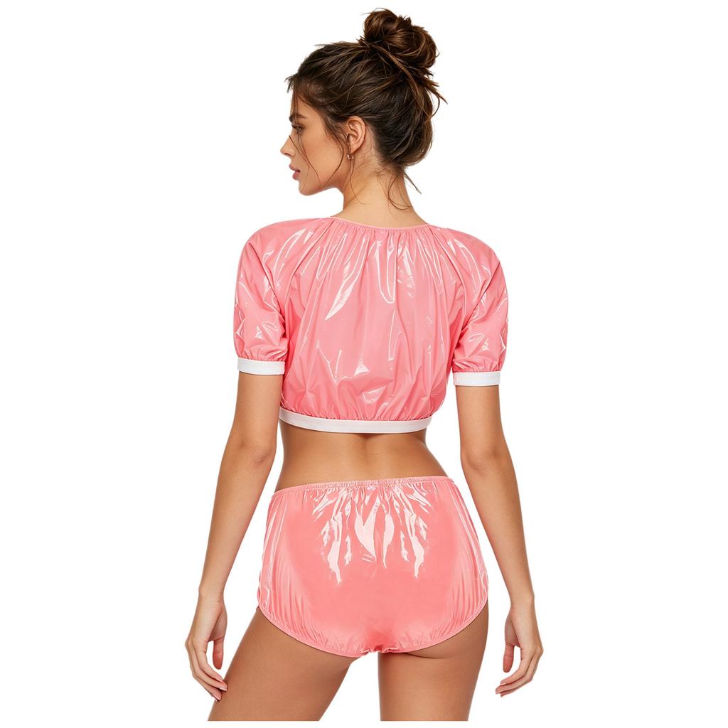 Women Waterproof Vinyl Crop Top Short Sleeve Hook Loop Fastener Sides Diaper Cover Shorts Adaptive Swimwear Set