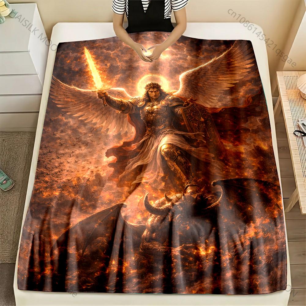 1PC Angel with sword defeating demon Print Blanket Warm Soft Fluffy Kids Adult Sofa Bed Throw Blanket Outdoor Travel Camping RV