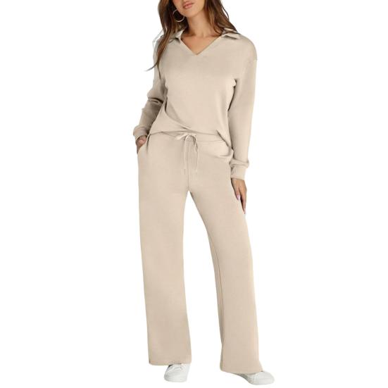 2 Pcs/Set Women Top Pants Suit V Neck Long Sleeves Solid Color Sport Sweatshirt Drawstring Elastic Waist Wide Leg Trousers Fitness Outfit Fall Spring