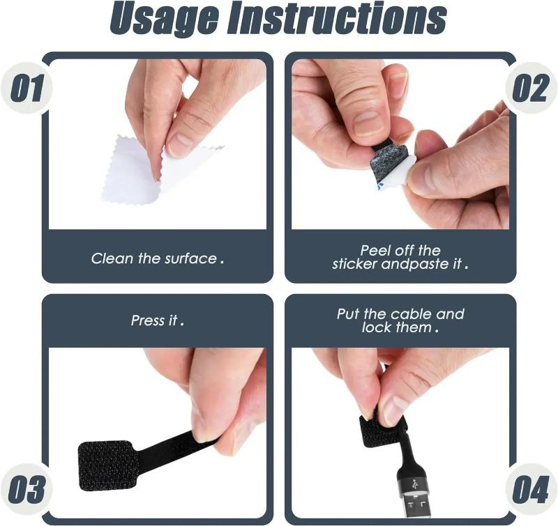 Reusable Velcro Cable Ties - Self-Adhesive Adjustable Cord Organizer for Desk Storage