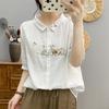 Double Layer Cotton Yarn Five Quarter Sleeve Shirt for Women's Summer Forest Style Artistic Style Fresh Embroidered Pure Cotton Top Blouses & Shirts