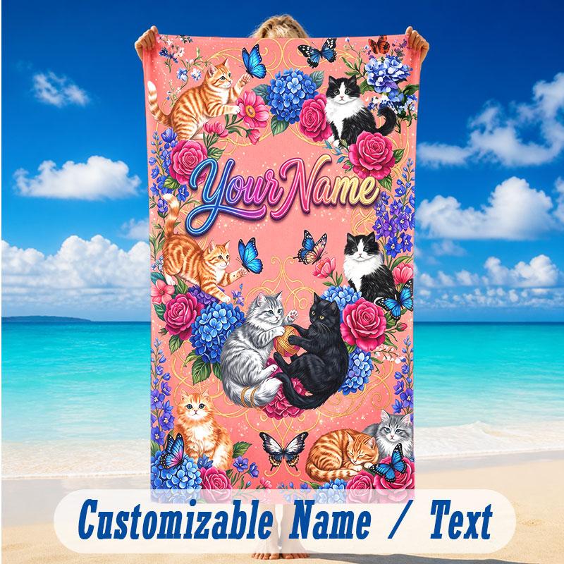 Cat Theme Beach Towel Personalized Custom Name & Text Soft Quick Dry Beach Towel for Swimming Travel