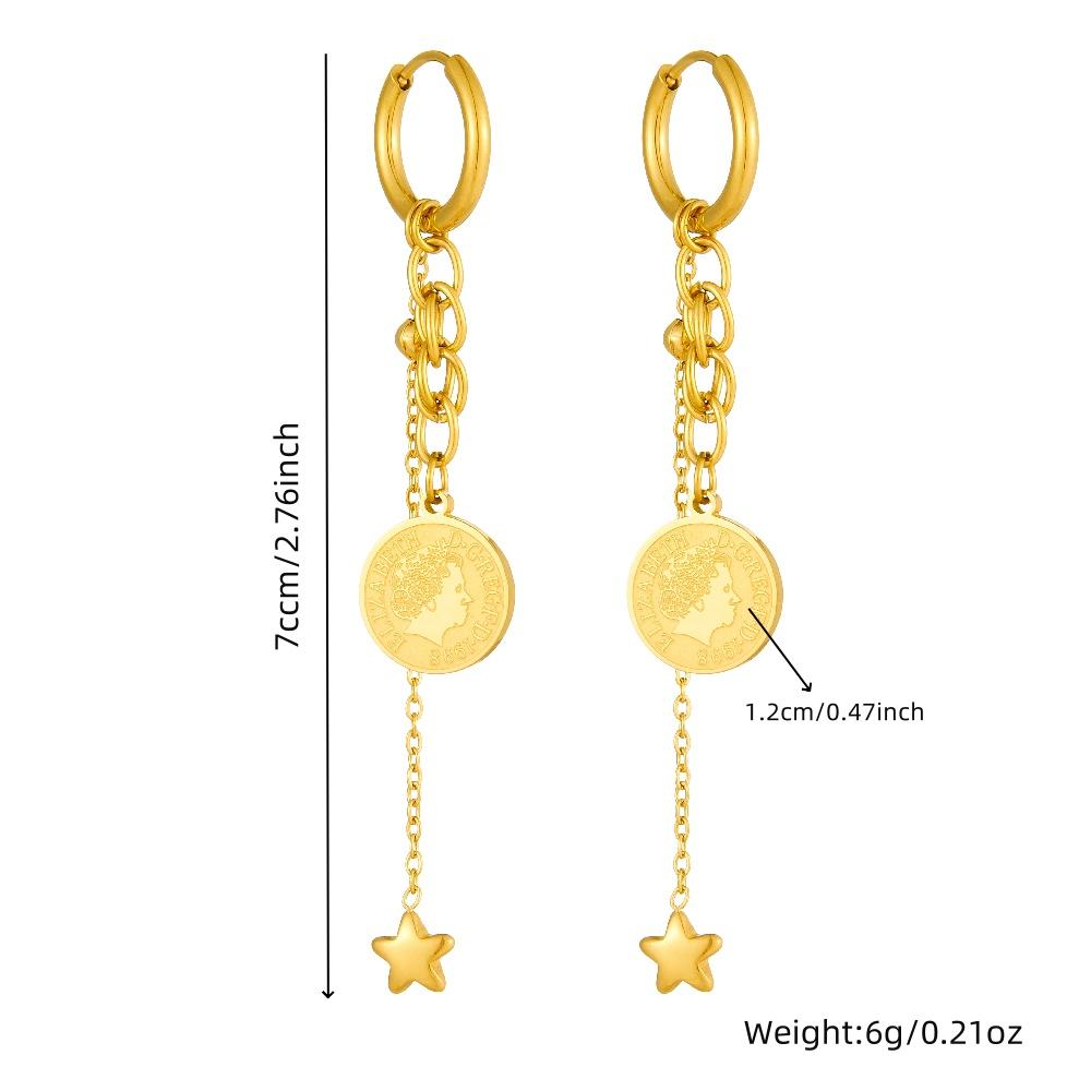 DIEYURO 316L Stainless Steel Golden Round Portrait Coin Tassels Star Earring For Women Fashion New Trend Ear Buckle Jewelry Gift