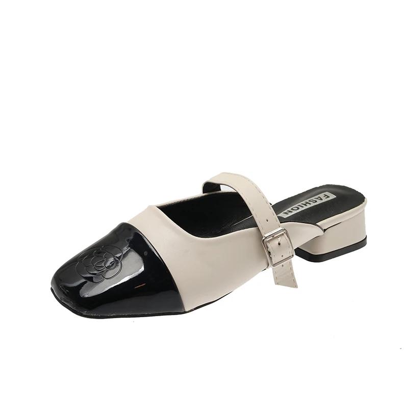 2024 Square Heel Cover Toe Slippers Casual Shoes Woman 2024 Lady Low Slipers Women Block Soft Luxury Girl Flat Pointed Summer New