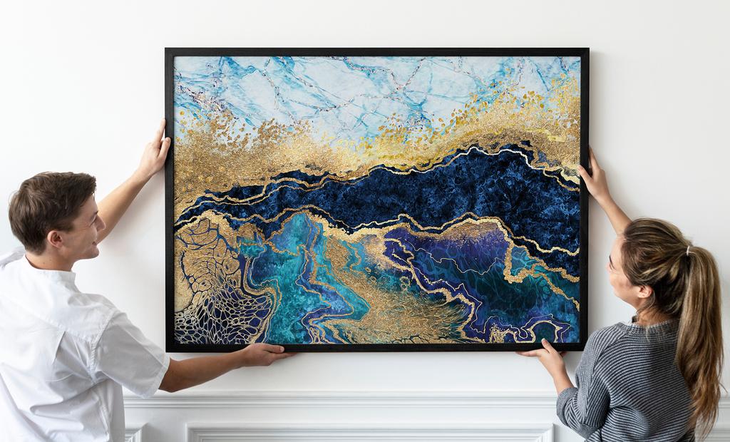 Poster Abstract Gold Blue Horizontal In Black Frame