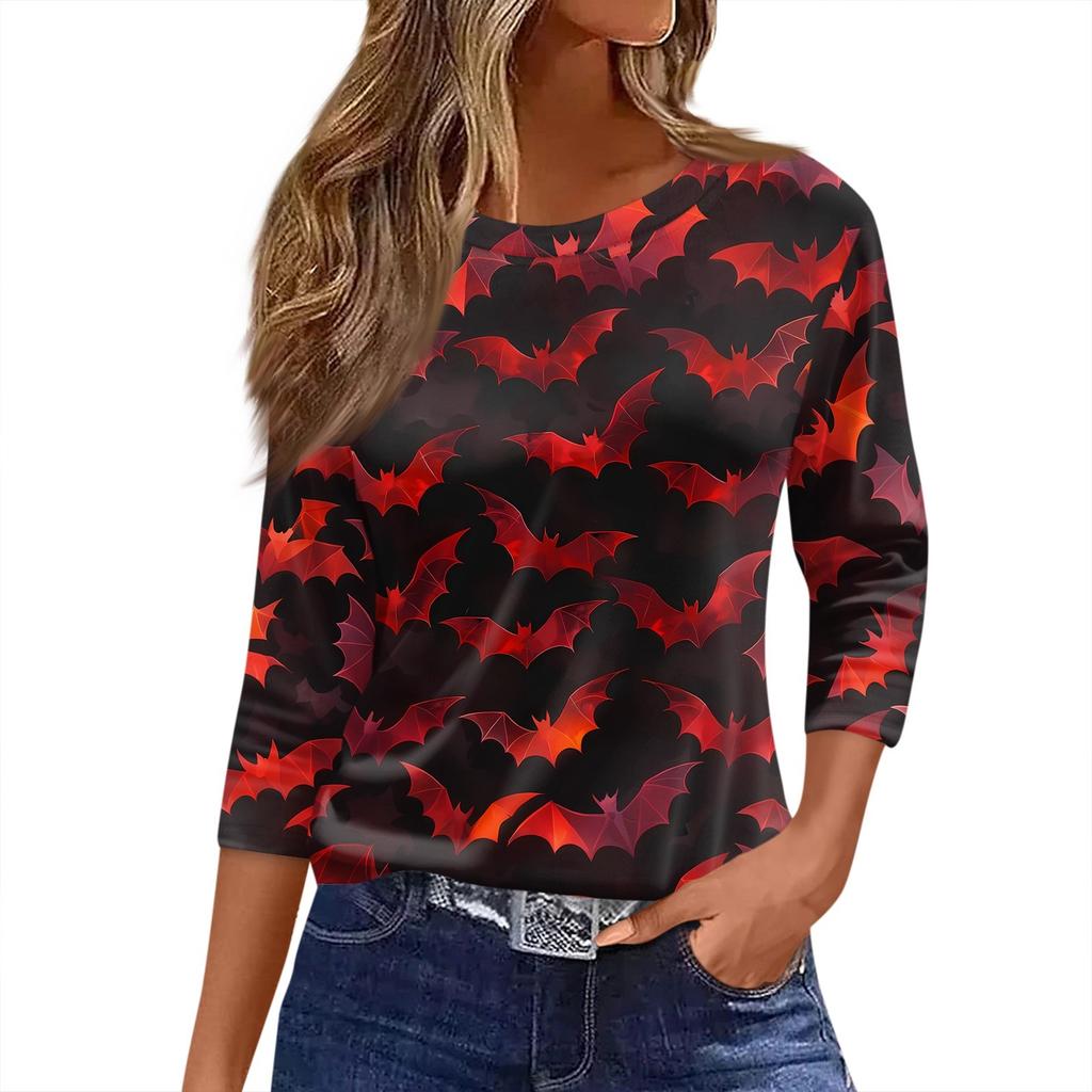 Women's T Shirt Halloween Print 3/4 Sleeve Daily Fashion Basic Round Neck Regular Top