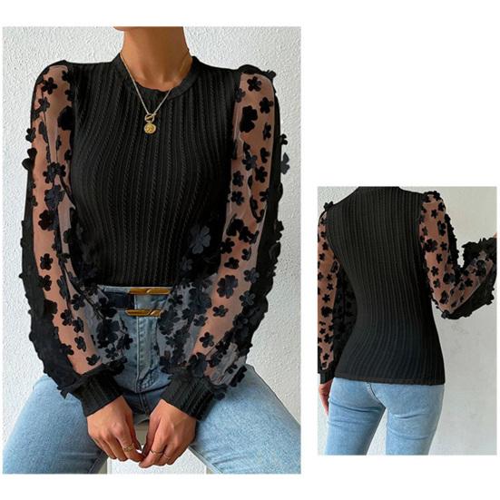 Женская рубашка, прозрачная сетка, цветочная аппликация, круглый вырез с длинным рукавом, однотонный пуловер, мягкий лоскутный свитер с твист-текстурой, OL, коммутационный топ