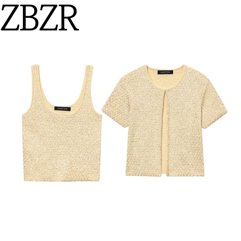 Zbzr Spring New Women Clothes Western Style Fashion Sequin Round Neck Short Sleeve Knitted Outerwear Sling 9598192