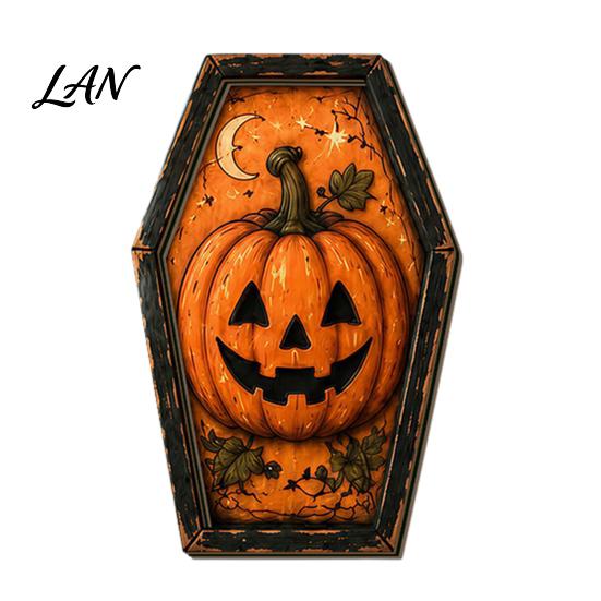 Pumpkin Desktop Signs Vintage Halloween Wooden Table Decoration, Rustic Black Cat Ghost Skeleton Retro Holiday Tabletop Block Sign for Farmhouse