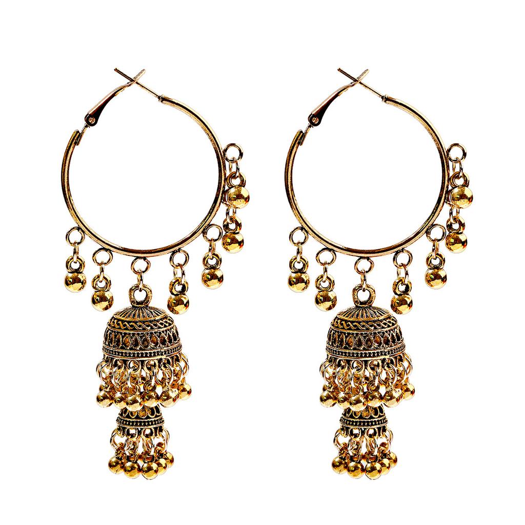 Women‘s Boho Ethnic Gold Copper Plated Jhumka Indian Earring Gypsy Zircon Vintage Big Bells Dangle Hanging Earrings For Women