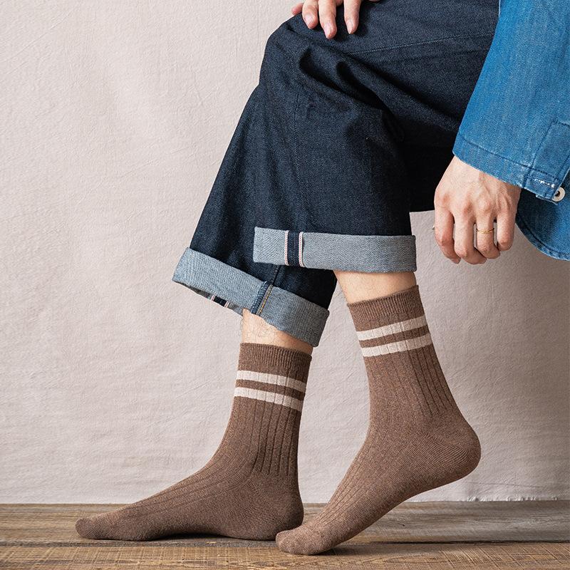 Men's Spring and Autumn Mid-length Socks, Classic Two-bar Sweat-absorbing and Breathable Sports Stockings, Versatile Cotton Socks
