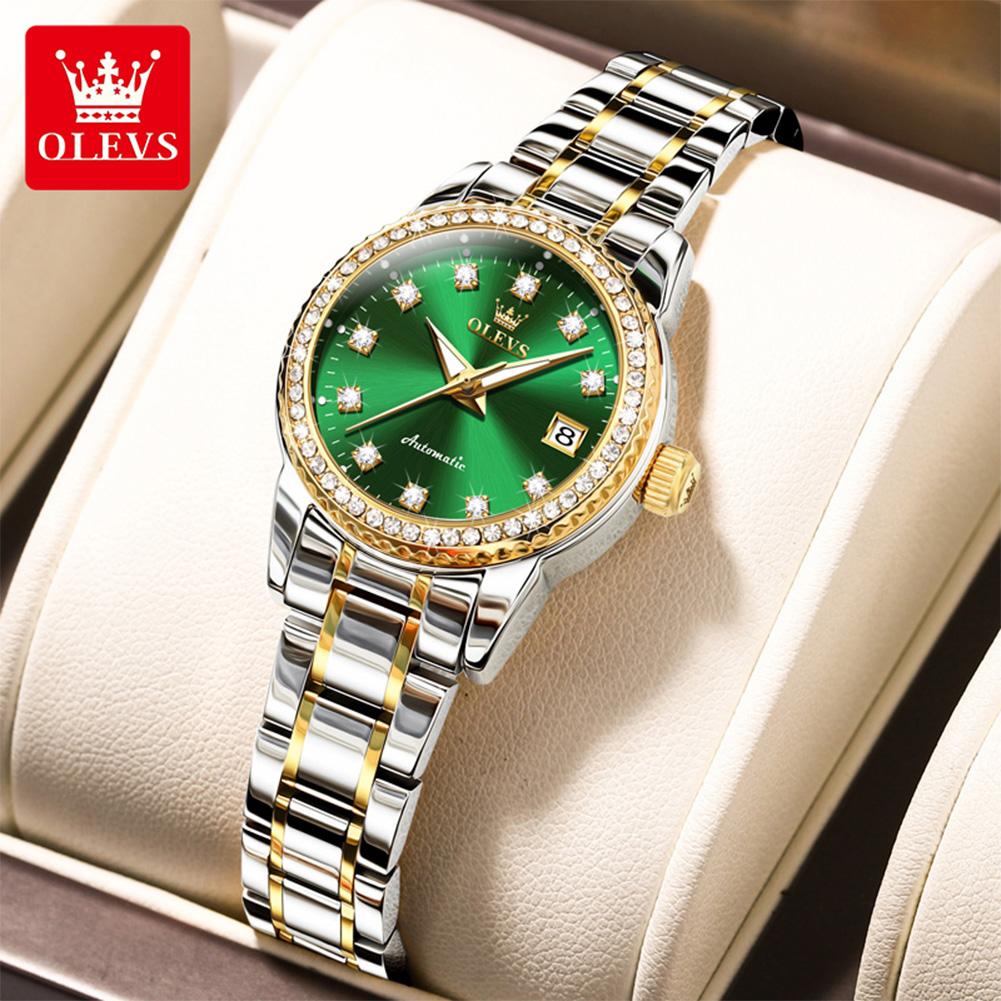 OLEVS 7003 Mechanical Women's Dress Watch Luxury Diamond Dial Calendar Waterproof Luminous Ladies Bracelet Wristwatch Elegant