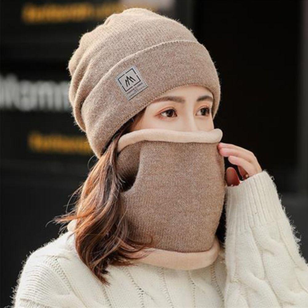 Утолщенный шарф с плюшем, теплая вязаная шапка, защита от холода, защита шеи, однотонные шапки-бини, мужские, женские