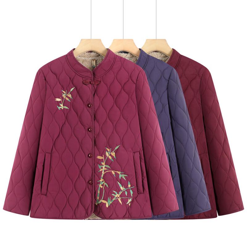 YUZHAOLIN Women's Fleece-Lined Floral Embroidered Elderly Winter Cotton Jacket