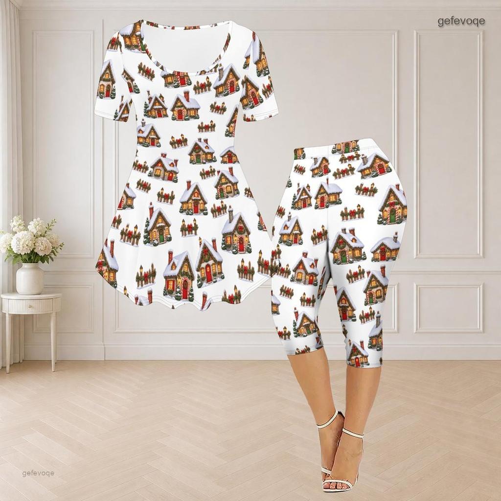 Women Plus Size White Round Neck Short Sleeve Printed Flared Top Capri Pants Two Piece Pajama Set