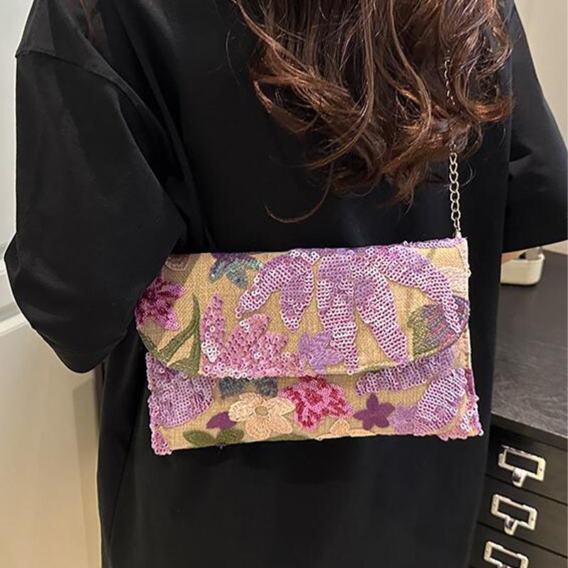 New Chinese Style Straw Woven Bag Versatile Chain Shoulder Crossbody Envelope Sequin Beaded Floral Embroidery Evening Clutch
