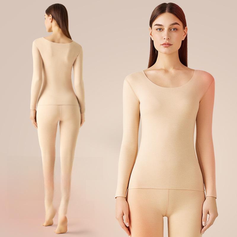 Женский бесшовный комплект термобелья с начесом - облегающий крой с круглым вырезом для осени и зимы