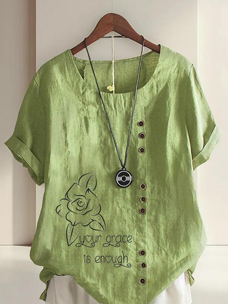 Women's Fashion Black Floral Letter Lines Print Casual Cotton Linen Short Sleeve Round Neck T-shirt Shirt Leisure Loose Summer Blouse Tops
