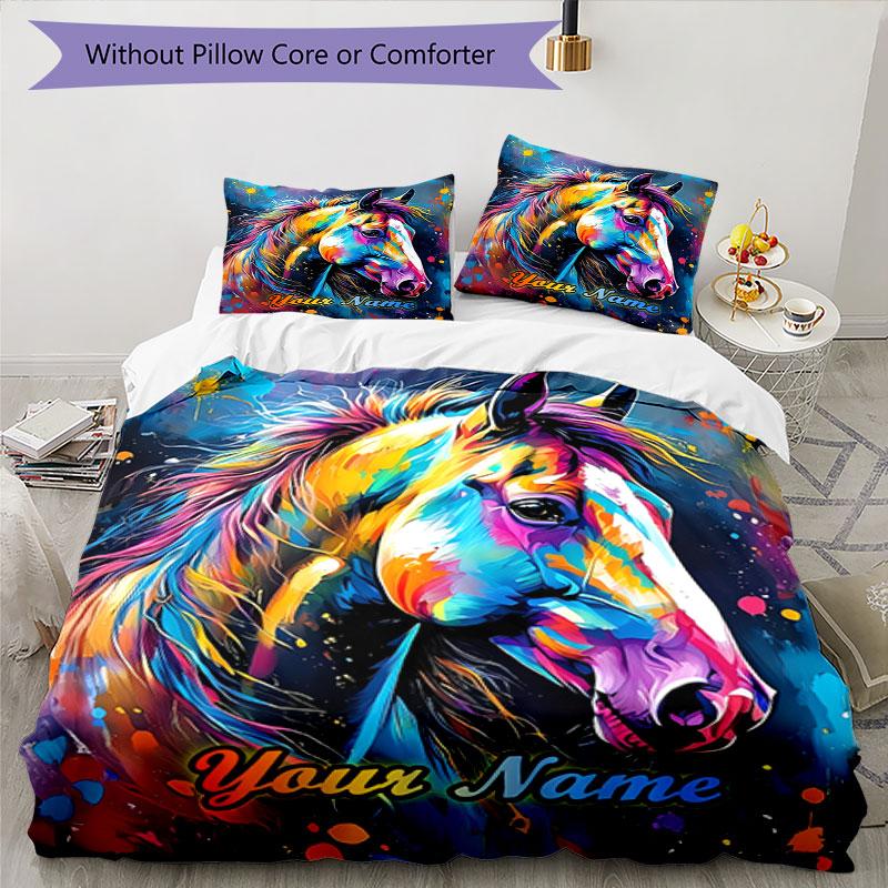 3PC Custom Name Colorful Horse Portrait Bedding Set Duvet Cover Closure Includes 1 Duvet Cover & 2 Pillowcases for Bedroom