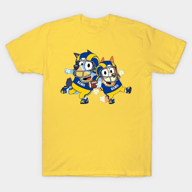 Asian Size Men Black Print T-shirt Los Angeles Rams Bluey Kids Cute Game Day Inspired M10670 No-Cut Heat Transfer Print Cotton Tshirt