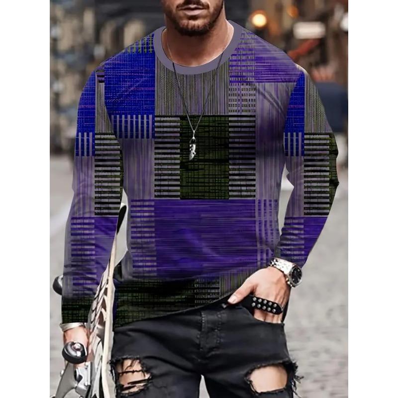 Trendy Retro Contrast Color Fabric Series 3D Printing Summer Round Neck Casual Long-sleeved T-shirt Fashionable Men's Clothing
