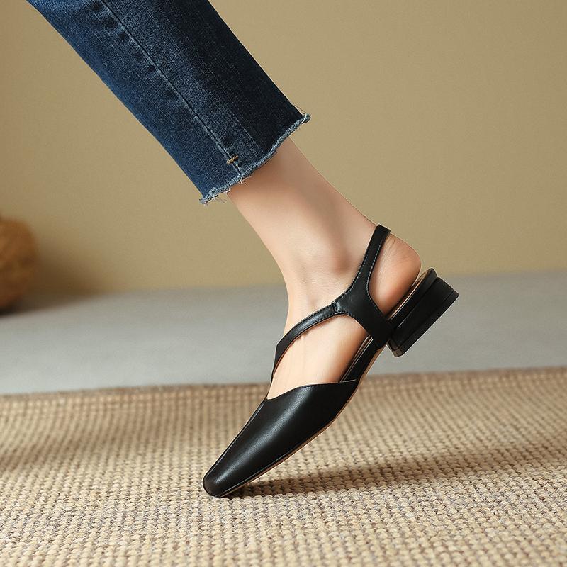 2024 Новые базовые женские босоножки на низком каблуке с квадратным носком и пряжкой на ремешке, туфли-лодочки с открытой пяткой, офисная рабочая обувь из натуральной кожи для женщин