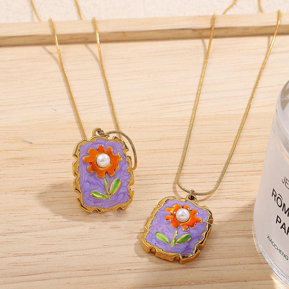 Dripping Oil Stainless Steel Chain Necklace Flower Clavicle Chain Sunflower Enamel Necklace  Girls