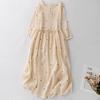 Heavy Industry Embroidery Coffee Break Cotton and Linen Dress Women's Retro Casual Lace-up Waist Round Neck Seven-quarter Sleeve Long Skirt