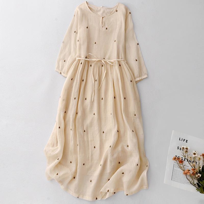 Heavy Industry Embroidery Coffee Break Cotton and Linen Dress Women's Retro Casual Lace-up Waist Round Neck Seven-quarter Sleeve Long Skirt