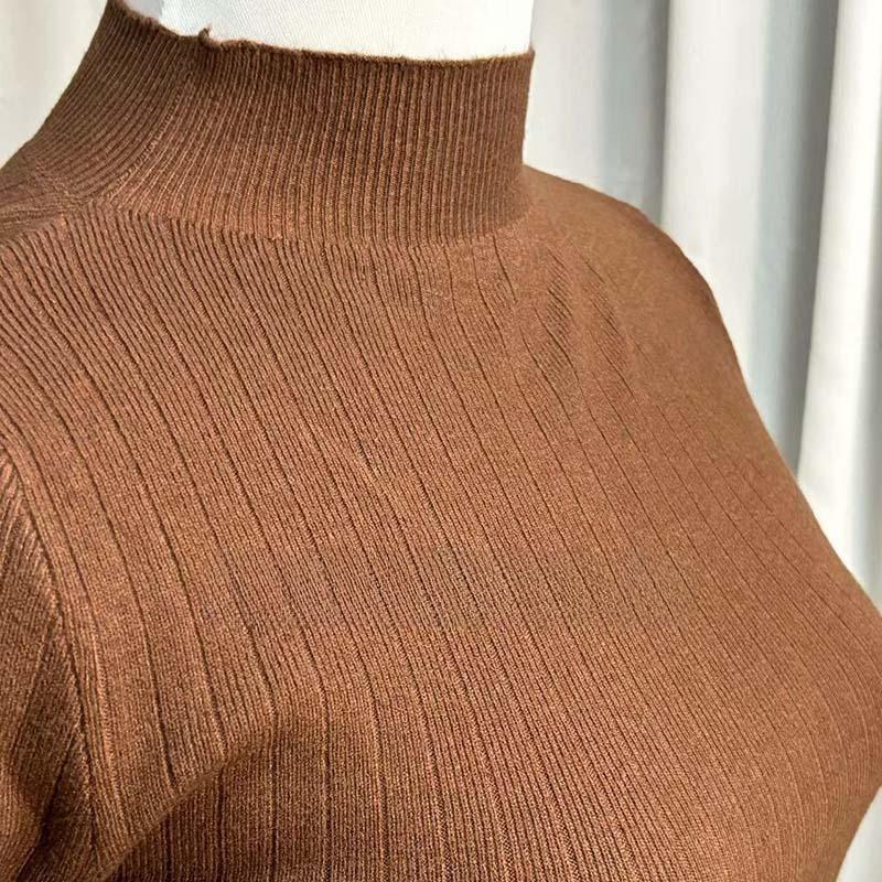Women Autumn Winter Half High Collar Ribbed Knitted Sweater Solid Color Long Sleeve Slim-fit Pullovers
