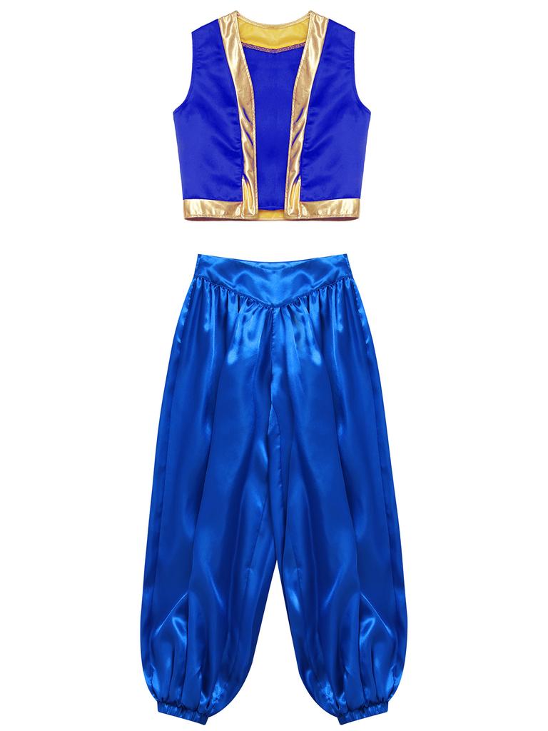 2 шт. Детский костюм для косплея на Хэллоуин, костюм игрового персонажа, арабский костюм, свободный жилет с широкими атласными шароварами, комплект, костюм для переодевания