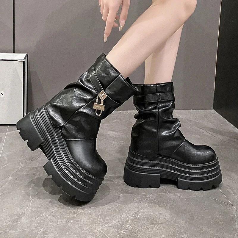 Модные женские осенне-зимние кожаные ботильоны на каблуках 10 см, армейские ботинки на толстой платформе, новые нескользящие мотоциклетные ботинки для женщин в стиле панк
