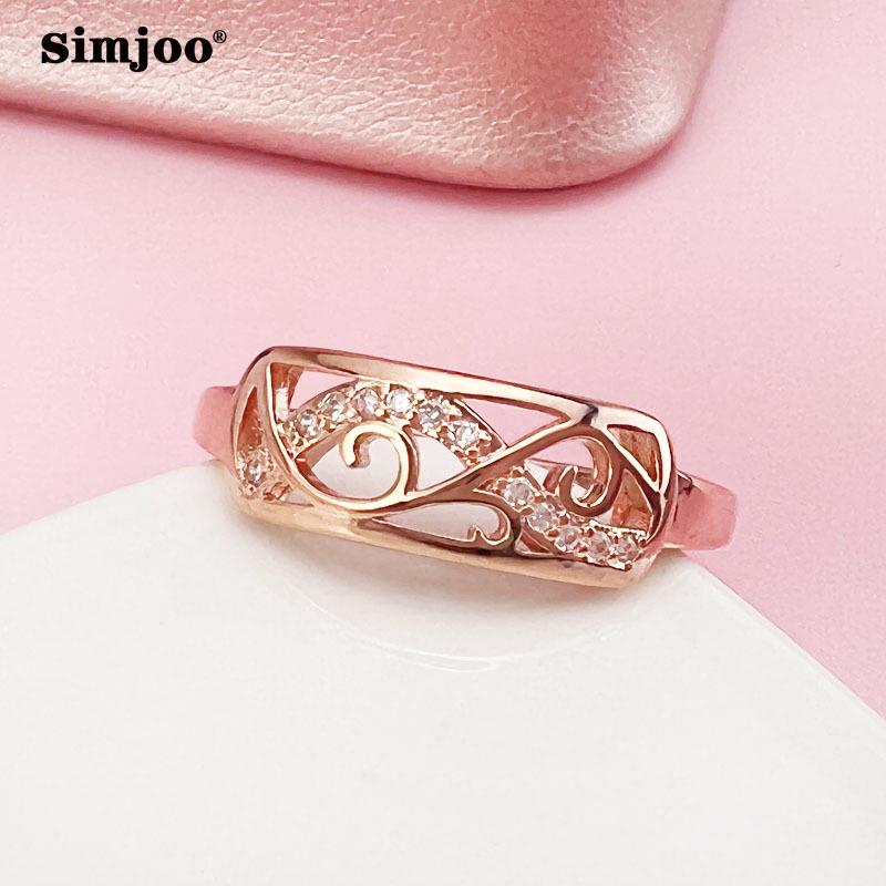 SIMJOO Цирконовое кольцо Женское прямоугольное полое кольцо с резным цветком