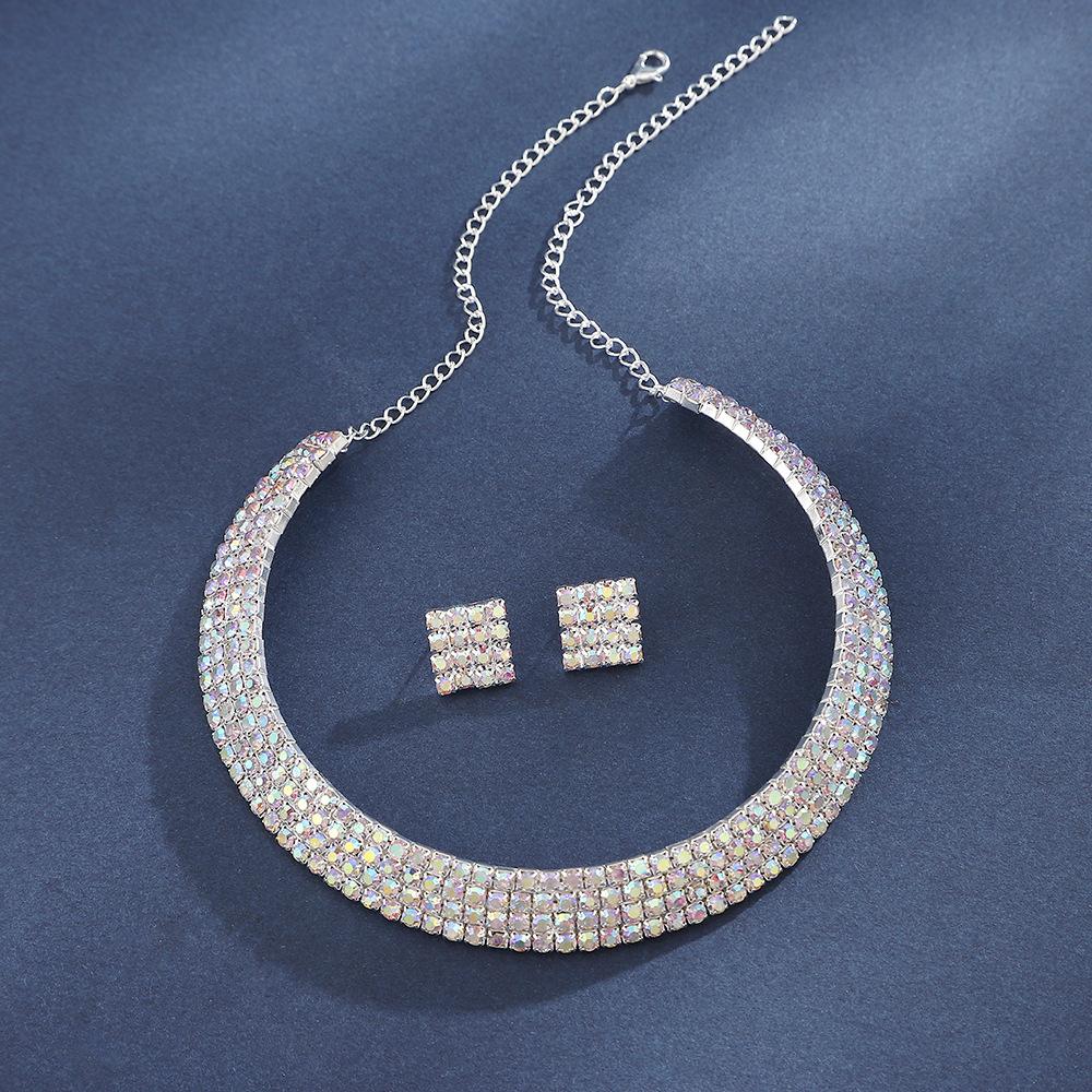 Light Luxury Multi-Row Full Diamond Neck Chain Short Luxury Bridal Necklace Stud Earrings Set Creative Versatile Item Decoration