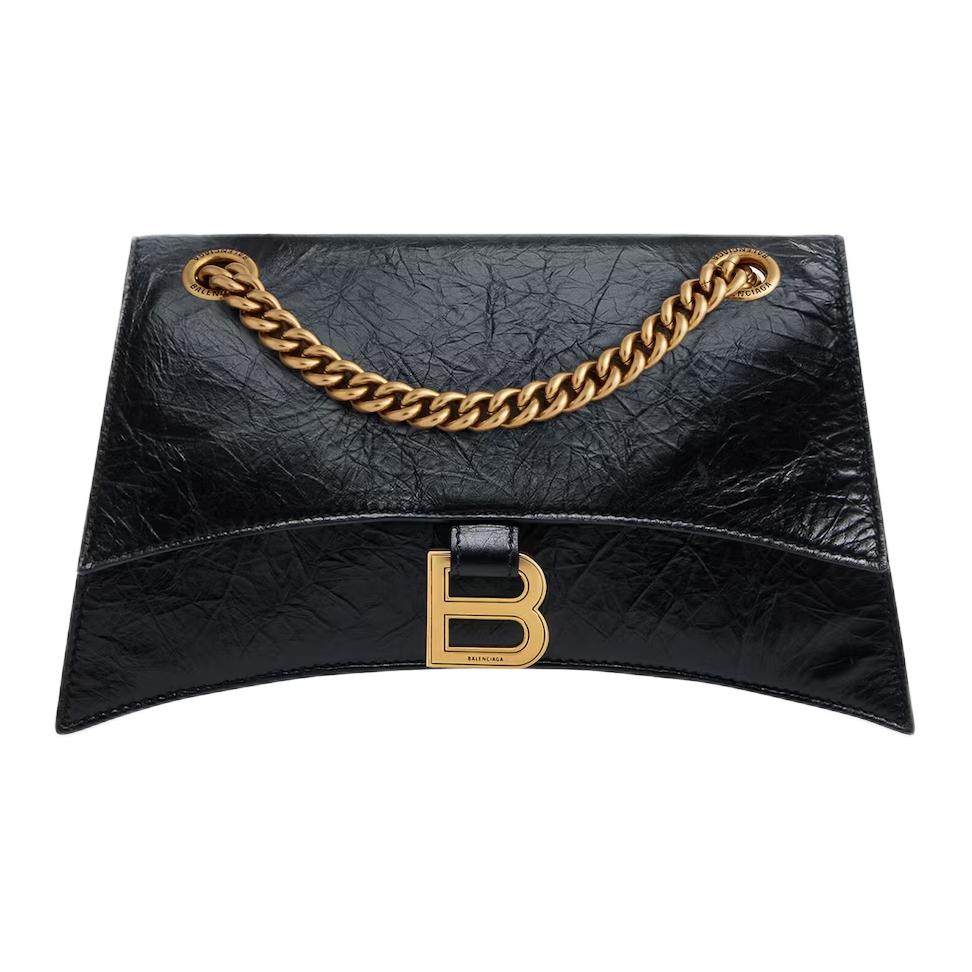 Balenciaga Crush Distressed Gold B Logo Studded Magnetic Closure Pressed Cowhide Leather Handheld Crossbody Shoulder Bag Small 716351210IT1000