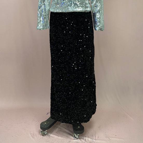 Женская юбка макси с высокой талией, однотонный дизайн, длинная юбка с пайетками, утягивающая ноги юбка
