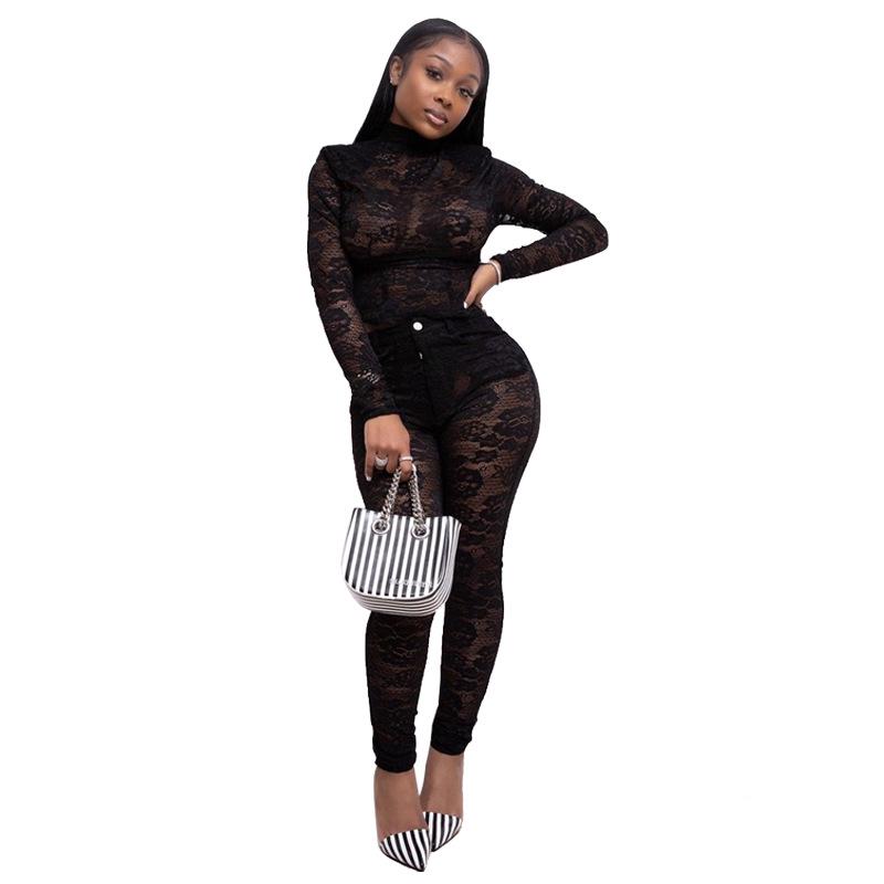 European & American Women's Transparent Lace Two-Piece Nightclub Set