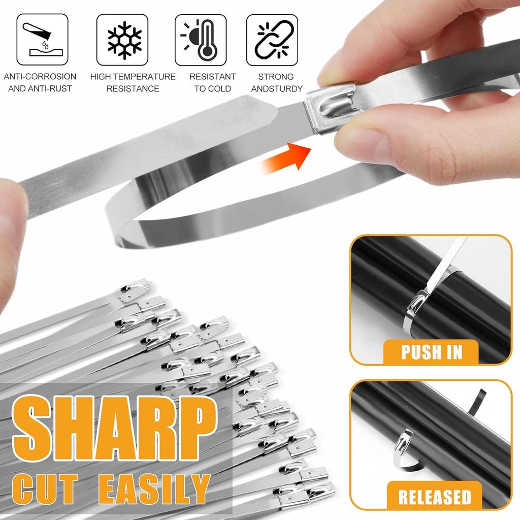 Stainless Steel Cable Ties Heavy Duty Self Locking Metal Zip Ties Fastening Rings Straps Binding Tie for Exhaust Machinery Fence