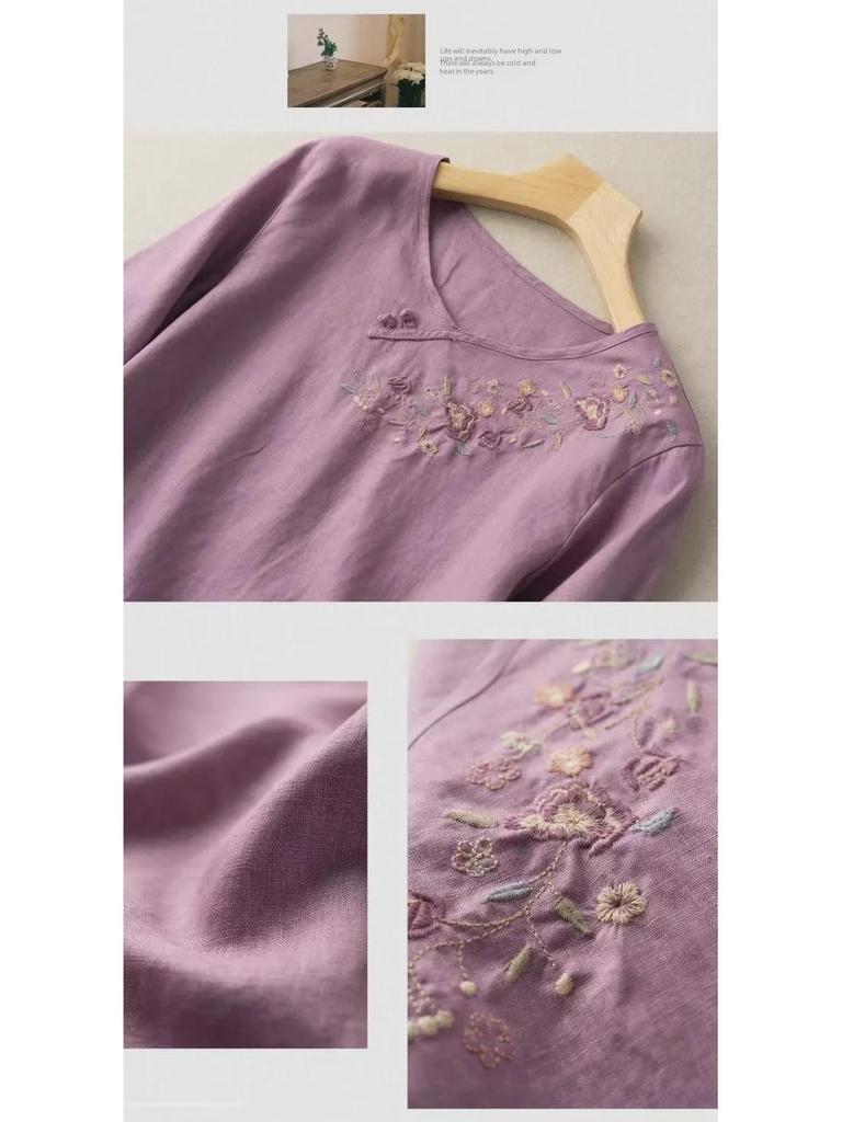 Осень 2022 г. Женская футболка свободного кроя из хлопка и льна в литературном стиле с рукавом три четверти