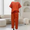 2 Pcs/Set Women Top Pants Suit Hollow O Neck Short Sleeves Pockets Lace-up Waist Solid Color Casual Loose Breathable Lady Daily T-shirt Trousers Set