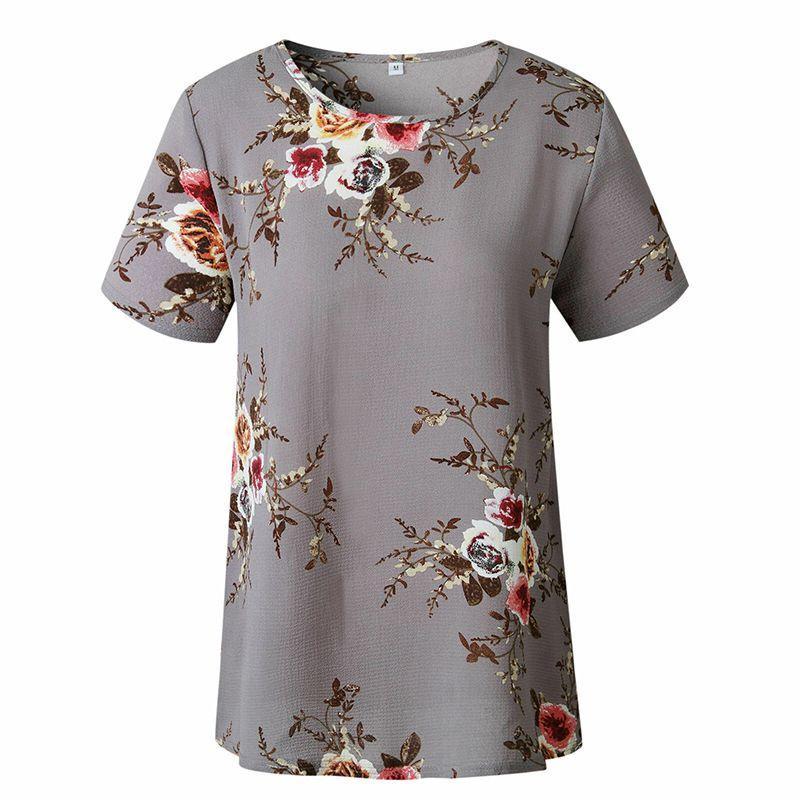 Elegant Summer Women Blouse Floral Print Short Sleeve Loose Casual T-shirt Tops