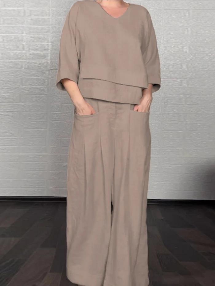 Комплект в европейско-американском стиле 2025 года: однотонный топ с круглым вырезом и брюки прямого кроя со средней посадкой