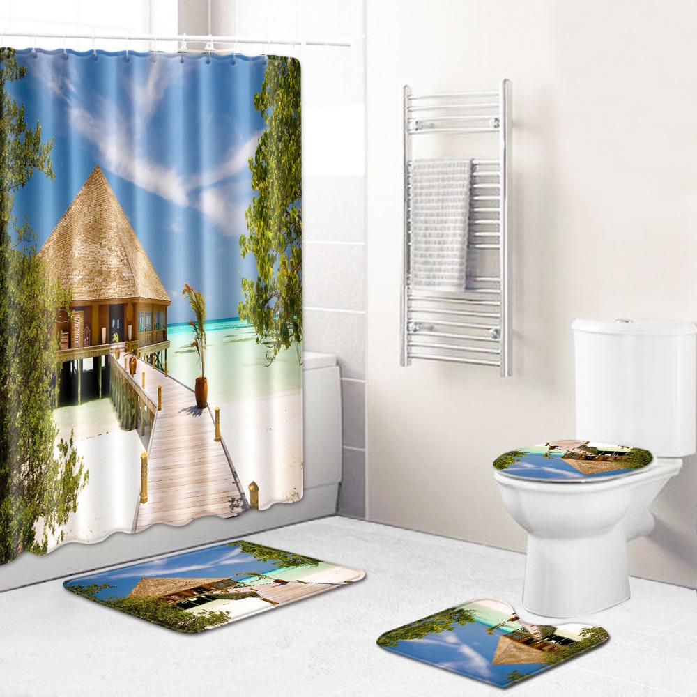 Landscape Shower Curtain Floor Mat Combination Four-Piece Set Bathroom Toilet Carpet Shower Room Mat Foot Mat