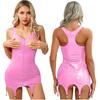Sexy Womens Patent Leather Mini Dresses with Garter Clips Sleeveless Hollow Out Dress Party Clubwear