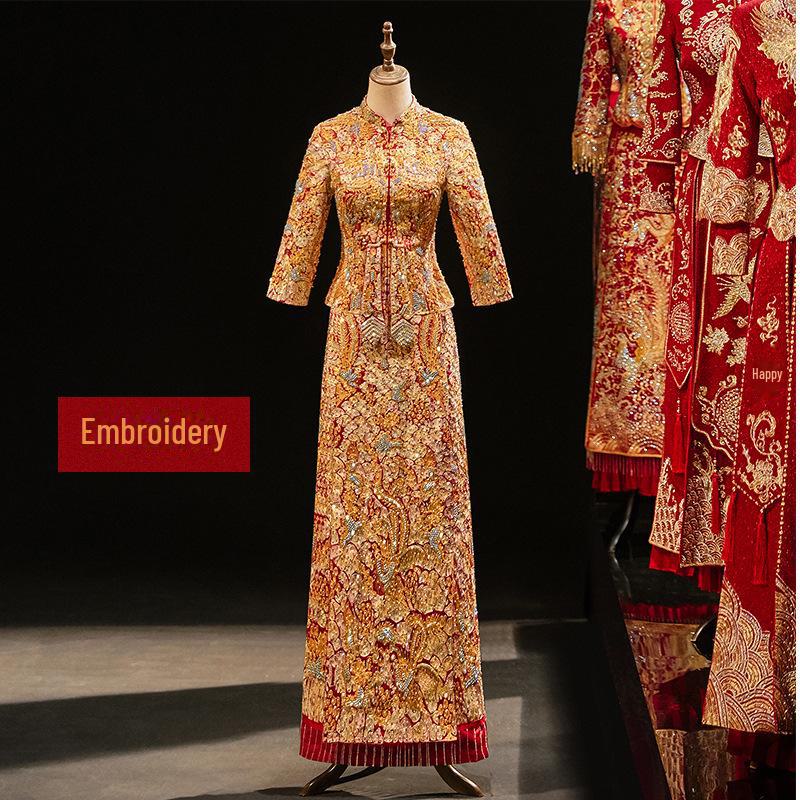 2022 Xiuhe Gold Chinese Wedding Dress: Elegant Slim Dragon and Phoenix Gown for Brides