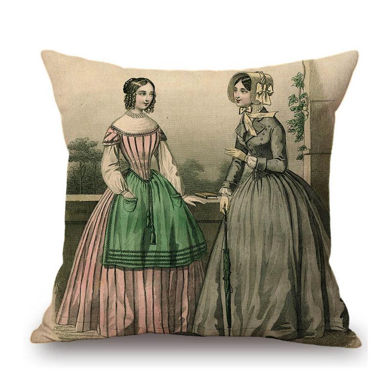 Antique Fashion Book Ettiquette Lady Dress European Costume Elegant Wear Cotton Linen Sofa Throw Pillow Case Chair Cushion Cover