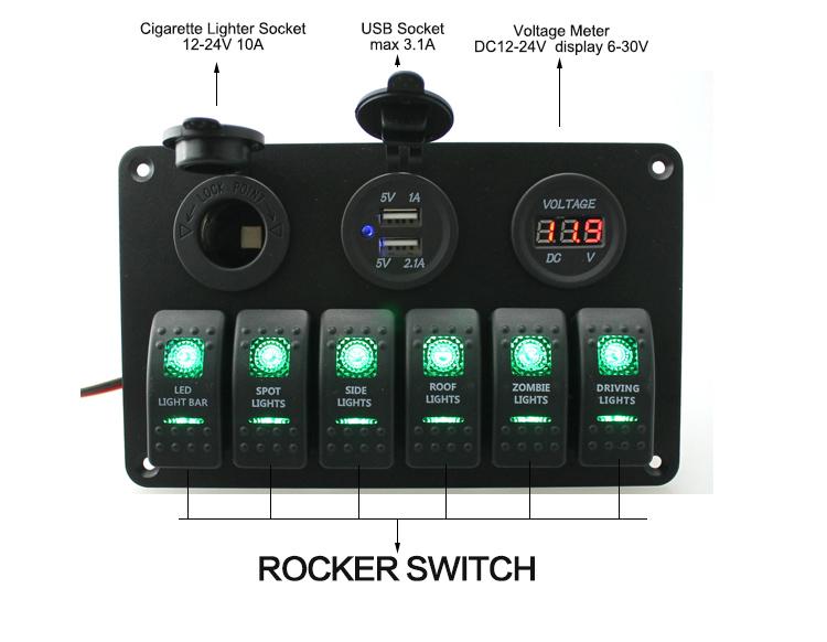 DC 12 V/24 V Car Marine Boat 6-Gang Waterproof Circuit Blue LED Rocker Switch Panel Breaker USB Charger Switches Relays