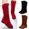 3 цвета, женские туфли из флока из нубука, однотонные туфли до середины икры на плоской подошве, зимние теплые сапоги